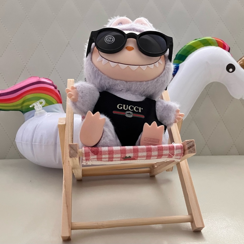 Labubu swimsuit, sun glasses, beach chair and pool float for Pop ma Labubu doll